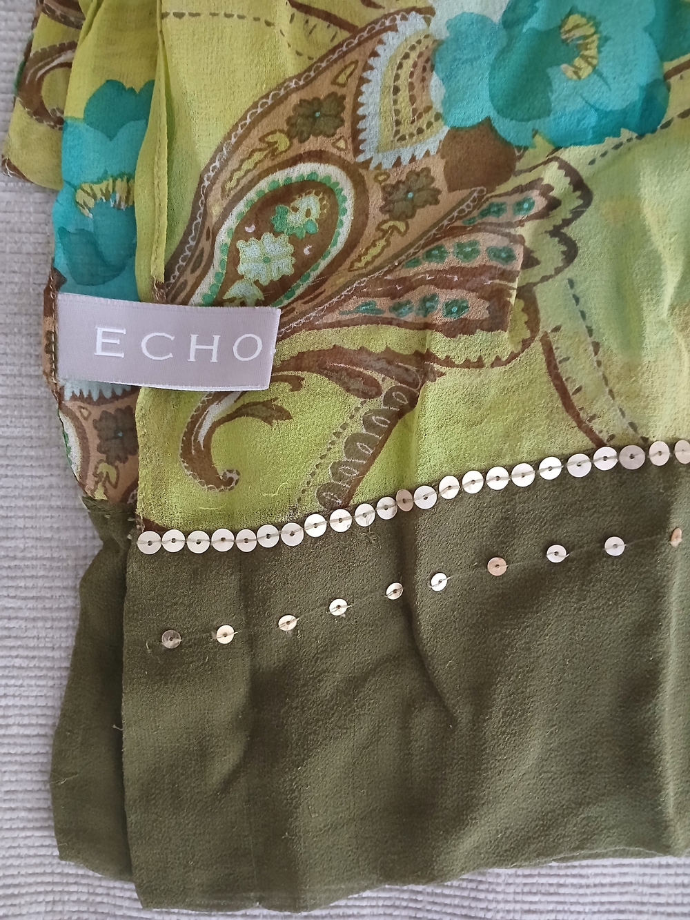Olive and Teal Paisley Silk Scarf with Sequin Trim
